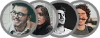 Une série d'illustrations d'avatars stylisés représentant de profil quatre jeunes adultes aux coiffures, styles vestimentaires et expressions faciales variés. Chaque portrait est inséré dans un cadre circulaire aux bords arrondis, symbolisant une communauté d'utilisateurs en ligne diversifiée ou un groupe de collaborateurs